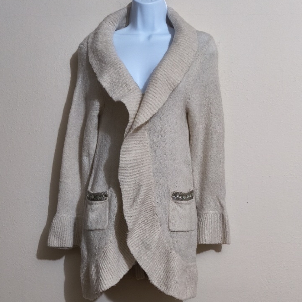 Apt. 9 Cream Knit Cardigan with Sequin Detail Longline Long Sleeve Medium